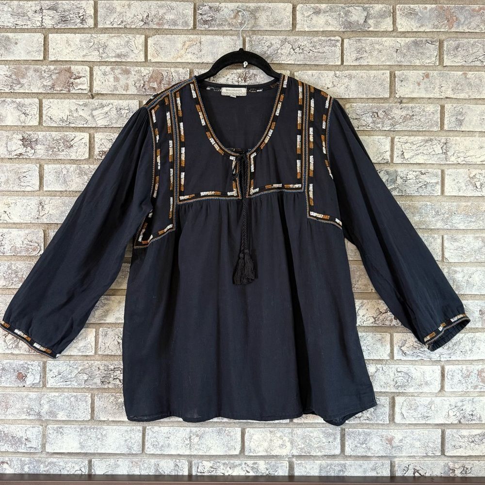 World Market Black Boho Embroidered Peasant Blouse – Size L/XL